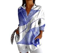 Sommerbluse Damen Leicht Und Luftig Tunika V-Ausschnitt Große Größen Blusenshirt Langarmshirt Leinen Baumwolle Hemd Oberteile Druck Shirt Weiße Bluse Damen Kurzarm Leinenbluse Oversize Blau Grün