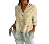 Sommerbluse Damen Leicht Und Luftig Tunika V-Ausschnitt Große Größen Blusenshirt Langarmshirt Leinen Baumwolle Hemd Oberteile Druck Shirt Weiße Bluse Damen Kurzarm Leinenbluse Oversize Blau Grün