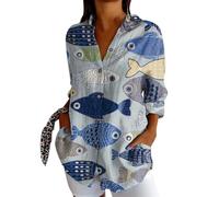 Sommerbluse Damen Leicht Und Luftig Tunika V-Ausschnitt Große Größen Blusenshirt Langarmshirt Leinen Baumwolle Hemd Oberteile Druck Shirt Weiße Bluse Damen Kurzarm Leinenbluse Oversize Blau Grün