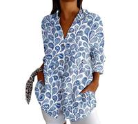 Sommerbluse Damen Leicht Und Luftig Tunika V-Ausschnitt Große Größen Blusenshirt Langarmshirt Leinen Baumwolle Hemd Oberteile Druck Shirt Weiße Bluse Damen Kurzarm Leinenbluse Oversize Blau Grün