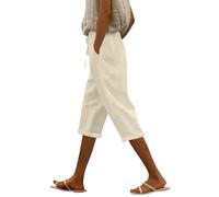 Sommerhose Damen 3/4 Hose Leicht Sommer Einfarbig Kurze Hosen Leinenhose Mit Kordelzug Hohe Taille Caprihose Casual Pants Bequeme Freizeithose Frauen Elegant Loose Fit Strandhose