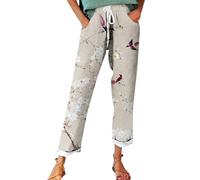 Sommerhose Damen Leicht, Leinenhose Damen Sommer Große Größen, Bequeme Freizeithose Lang Linen Pants High Waist Stoffhose Elegant Leinen Hosen Damenhose Mit Blumenmuster