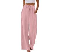 Sommerhose Damen Leicht, Musselin Hose Leicht Luftig Sommerhose Baumwolle Leinen Stoffhose Sommer Gerades Bein Strandhose Elegant Einfarbig Freizeithose Straight Leg Hose mit Kordelzug Taschen