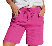 Sommerhose Damen Leicht Musselin Kurze Hose Damen 2025 Sommerhose Leicht Sommer Leinen Shorts Beach Hosen Mit Taschen Stoffhose Kleid Stretch Gerades Bein Kordelzug Leinenhose Bluse Capri Heiß Rosa XL