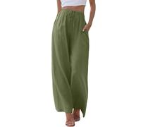 Sommerhose Damen Leicht Weite Beine Lässige Einfarbig Hose High Waist Strandhose Freizeithose Stoffhose Baumwolle Leinen Hosen mit Taschen und Kordelzug Elegant Elastische Taille Sommer Musselin Hosen