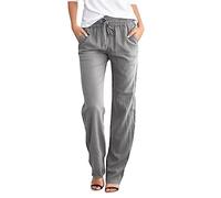 Sommerhose Damen Sommer Leinen Musselin Stoffhose Einfarbig Freizeithose Gerade Straight Bein Strandhose mit Taschen Palazzo Lässig Elastische Hose Loose Fit Leicht Leinenhose,Grau,M