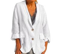 Sommerjacke Damen Leicht Lang Leinen, Sakko Damen Große Größen Elegant Schwarz Und Weiße Bluse Blazer Open Front Business Blazer Jacke Mit Tasche Und Knöpfe Steppjacke/Longblazer/Longbluse