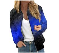 Sommerjacke Damen Leicht Langarmshirt Damen Glitzer Blazer Damen Frauen Herbst Stehkragen Bunt Drucken Zip Up Langarm Kurze Pilotenjacke Mit Tasche Leichte Reißverschluss Bomber Jacke (Royal Blue, S)