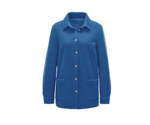Sommerjacke GOLDNER "Kurzgröße Lässige Wolljacke mit Hemdkragen", Damen, Gr. 21, blau (atlantikblau), Obermaterial: 70% Polyester PES. 30% Wolle WO., Manschette, Jacken, Knöpfe (89586512-21) atlantikb