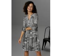 Sommerkleid ANISTON CASUAL, Damen, Gr. 42, N-Gr, schwarz-weiß (schwarz, weiß), Web, Obermaterial: 100% Viskose, bedruckt, gemustert, figurumspielend kniefrei, V-Ausschnitt, Trompetenärmel Volant, Klei