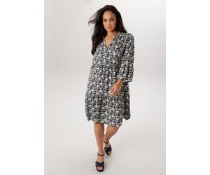 Sommerkleid ANISTON PLUS, Damen, Gr. 50, N-Gr, weiß, olive, blau, Web, Obermaterial: 100% Viskose, bedruckt, gemustert, gepunktet, figurumspielend kniebedeckend, V-Ausschnitt, Volant, Kleider Sommerkl