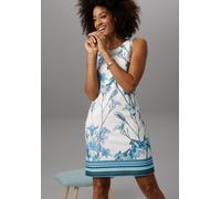 Sommerkleid ANISTON SELECTED, Damen, Gr. 36, N-Gr, weiß (weiß, aquablau, bedruckt), Crêpe, Obermaterial: 95% Polyester, 5% Elasthan, geblümt, figurumspielend knieumspielend, Rundhals, Kleider Sommerkl