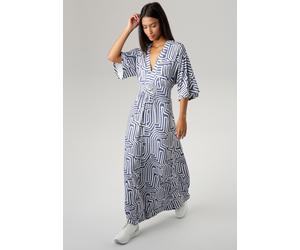 Sommerkleid ANISTON SELECTED, Damen, Gr. 42, N-Gr, blau (jeansblau, weiß), Single Jersey, Obermaterial: 95% Viskose, 5% Elasthan, bedruckt, gemustert, lässig geschnitten lang, V-Ausschnitt, weit, Klei