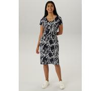 Sommerkleid ANISTON SELECTED, Damen, Gr. 42, N-Gr, blau (marine, weiß), Jersey, Obermaterial: 95% Viskose, 5% Elasthan, bedruckt, geblümt, figurumspielend knieumspielend, Rundhals, Kleider Sommerkleid