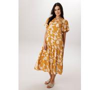 Sommerkleid ANISTON SELECTED, Damen, Gr. 42, N-Gr, ockergelb, zimt, beige, Web, Obermaterial: 100% Viskose, bedruckt, geblümt, gemustert, figurumspielend, Rundhals, Volant, Kleider Sommerkleid, mit fa