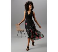Sommerkleid ANISTON SELECTED, Damen, Gr. 42, N-Gr, schwarz (schwarz, rot, grün), Chiffon, Obermaterial: 95% Polyester, 5% Elasthan. Futter: 100% Polyester. Rock: 100% Polyester, bedruckt, figurumspiel