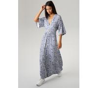 Sommerkleid ANISTON SELECTED, Damen, Gr. 44, N-Gr, blau (jeansblau, weiß), Single Jersey, Obermaterial: 95% Viskose, 5% Elasthan, bedruckt, gemustert, lässig geschnitten lang, V-Ausschnitt, weit, Klei