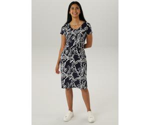 Sommerkleid ANISTON SELECTED, Damen, Gr. 46, N-Gr, blau (marine, weiß), Jersey, Obermaterial: 95% Viskose, 5% Elasthan, bedruckt, geblümt, figurumspielend knieumspielend, Rundhals, Kleider Sommerkleid