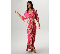 Sommerkleid ANISTON SELECTED, Damen, Gr. 48, N-Gr, bunt (rot, beige, pink), Single Jersey, Obermaterial: 95% Viskose, 5% Elasthan, bedruckt, geblümt, lässig geschnitten lang, V-Ausschnitt, weit, Kleid