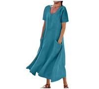 Sommerkleid aus Leinen und Baumwolle, Damen Maxikleid Casual Loose Strandkleid Boho, Lässiger Modischer Lang für Party