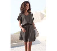 Sommerkleid BUFFALO "mit V-Ausschnitt aus weicher Lyocellware", Damen, Gr. 40, N-Gr, braun (khaki), Web, Obermaterial: 100% Lyocell, unifarben, figurumspielend knieumspielend, V-Ausschnitt, Krempelärm