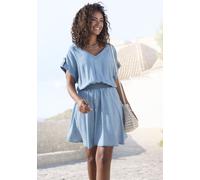 Sommerkleid BUFFALO "mit V-Ausschnitt aus weicher Lyocellware", Damen, Gr. 42, N-Gr, jeansblau, Web, Obermaterial: 100% Lyocell, unifarben, figurumspielend knieumspielend, V-Ausschnitt, Krempelärmel,m