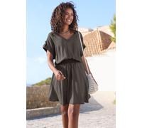 Sommerkleid BUFFALO "mit V-Ausschnitt aus weicher Lyocellware", Damen, Gr. 44, N-Gr, braun (khaki), Web, Obermaterial: 100% Lyocell, unifarben, figurumspielend knieumspielend, V-Ausschnitt, Krempelärm