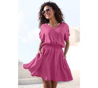 Sommerkleid BUFFALO "mit V-Ausschnitt aus weicher Lyocellware", Damen, Gr. 44, N-Gr, pink washed, Web, Obermaterial: 100% Lyocell, unifarben, figurumspielend knieumspielend, V-Ausschnitt, Krempelärmel