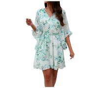 Sommerkleid Damen 3/4 Arm Rüschen Bohokleid Midikleid Blumenkleid Knielang Swing Strandkleid Wickelkleid Cocktailkleid