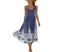Sommerkleid Damen Ärmellos Blätterprint Freizeitkleid Locker Bequem Strandkleid Spaghettiträger A-Line Tunika Casual Midi Navy M
