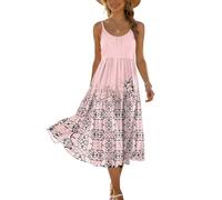 Sommerkleid Damen Ärmellos Blätterprint Freizeitkleid Locker Bequem Strandkleid Spaghettiträger A-Line Tunika Casual Midi Pink L