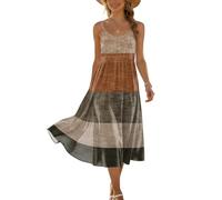 Sommerkleid Damen Ärmellos Blätterprint Freizeitkleid Locker Bequem Strandkleid Spaghettiträger A-Line Tunika Casual Midi Brown M