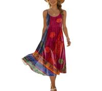 Sommerkleid Damen Ärmellos Blätterprint Freizeitkleid Locker Bequem Strandkleid Spaghettiträger A-Line Tunika Casual Midi Red XL