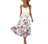 Sommerkleid Damen Ärmellos Blätterprint Freizeitkleid Locker Bequem Strandkleid Spaghettiträger A-Line Tunika Casual Midi Hot Pink XL