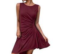 Sommerkleid Damen Ärmellos Raffungen Midikleid A-Linie Cocktailkleid Einfarbig Rundhals Wickelkleid Elegant Kleid Leicht Partykleid Locker Abendkleid Atmungsaktiv Damenkleid