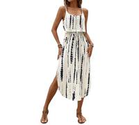 Sommerkleid Damen Batik Muster Spaghettiträger Ärmelloses Midikleid Tailliertes Freizeitkleid Mit Schlitz Sommer Lässiges Lockeres Tunikakleid Leichtes Luftiges Alltags Strandkleid(Weiß,L)