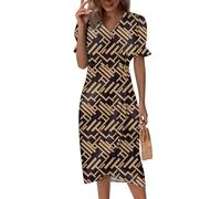 Sommerkleid Damen Baumwolle, A-Linien-Midikleid Ärmelloses Strandkleid V-Ausschnitt Wickelkleid Midikleid Sommer Blumendruck Partykleid Tailliert Knopf Freizeitkleid Abendkleid A-Linie (2-Khaki, M)