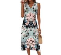 Sommerkleid Damen Baumwolle,A-Linien-Midikleid Ballkleider Lang Ärmellos V-Ausschnitt Kleider Blumenmuster Wickelkleid A-Linie Midikleid Elegant Festlich Sommer Kleid Casual Classic(1-Cyan,M)