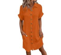 Sommerkleid Damen Baumwolle Damen Sommerkleid Midikleid Hemdkragen Kurzarm Knöpfe Taschen Boho Locker Leicht Luftig Einfarbig Freizeitkleid Strandkleid Elegant M C Orange