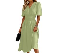 Sommerkleid Damen Baumwolle, Kurzarm V-Ausschnitt Strandkleid Midikleid Einfarbig Freizeitkleider Leicht Luftig A Linie Sommerkleider Partykleid Hohe Taille Wickelkleid (Grün, XL)