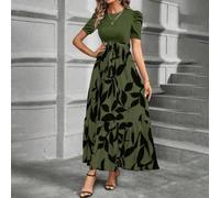 Sommerkleid Damen Bedruckt High Waist Kurzarm(Army Green S) | Bedrucktes Design, hohe Taille, kurzarm, rundhals, ideal für sommerliche Outfits