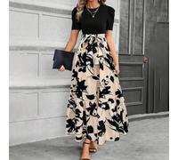 Sommerkleid Damen Bedruckt High Waist Kurzarm(Beige L) | Bedrucktes Design, hohe Taille, kurzarm, rundhals, ideal für sommerliche Outfits