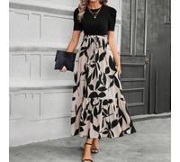 Sommerkleid Damen Bedruckt High Waist Kurzarm(Khaki L) | Bedrucktes Design, hohe Taille, kurzarm, rundhals, ideal für sommerliche Outfits