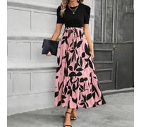 Sommerkleid Damen Bedruckt High Waist Kurzarm(Pink S) | Bedrucktes Design, hohe Taille, kurzarm, rundhals, ideal für sommerliche Outfits