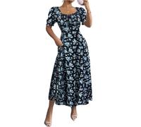 Sommerkleid Damen Blumendruck U-Ausschnitt Puffärmeliges Tailliertes Maxikleid Mit Taschen A-Linie Lässiges Elegantes Freizeitkleid Sommer Casual Leichtes Urlaubs Strandkleid(Blau,S)