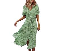 Sommerkleid Damen Blumenkleid - Strandkleid Damen Elegant, Boho Kleid Damen Lang V-Ausschnitt Knopfleiste Gürtel Blumen Muster Kurzarm Sommer Kleider Maxikleid Partykleid Freizeitkleid