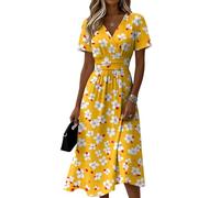 Sommerkleid Damen Blumenmuster V-Ausschnitt Kurzarm A-Linie Midikleid Lässiges Elegantes Tailliertes Bequemes Freizeitkleid Leichtes Luftiges Strandkleid Sommer Festlich Cocktailkleid(Gelb,3XL)
