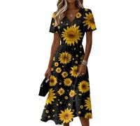 Sommerkleid Damen Blumenmuster V-Ausschnitt Kurzarm A-Linie Midikleid Lässiges Elegantes Tailliertes Bequemes Freizeitkleid Leichtes Luftiges Strandkleid Sommer Festlich Cocktailkleid(Gelb,XL)