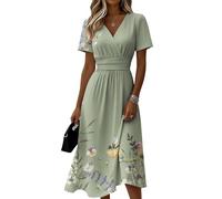 Sommerkleid Damen Blumenmuster V-Ausschnitt Kurzarm A-Linie Midikleid Lässiges Elegantes Tailliertes Bequemes Freizeitkleid Leichtes Luftiges Strandkleid Sommer Festlich Cocktailkleid(Armeegrün,XL)