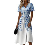 Sommerkleid Damen Blumenmuster V-Ausschnitt Kurzarm A-Linie Midikleid Lässiges Elegantes Tailliertes Bequemes Freizeitkleid Leichtes Luftiges Strandkleid Sommer Festlich Cocktailkleid(Blau,XL)